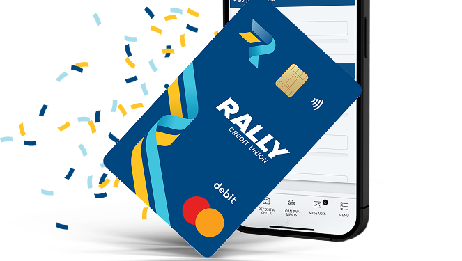 personal banking debit card with phone and confetti